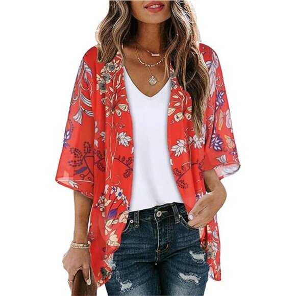 Women's Floral Print Puff Sleeve Kimono Cardigan Loose CoverUp Casual BlouseTops - Picture 7 of 7